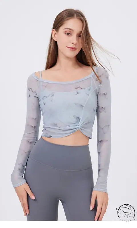 Floral Butterfly Faux Two Piece Sports t Shirt Women Long Sleeve with Chest Pad Yoga Clothes Mesh Top Quick Drying