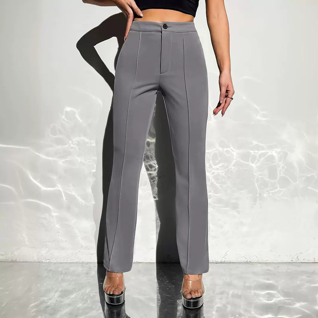 Gray high-waisted straight-leg dress pants for women, stylish and versatile ملابس