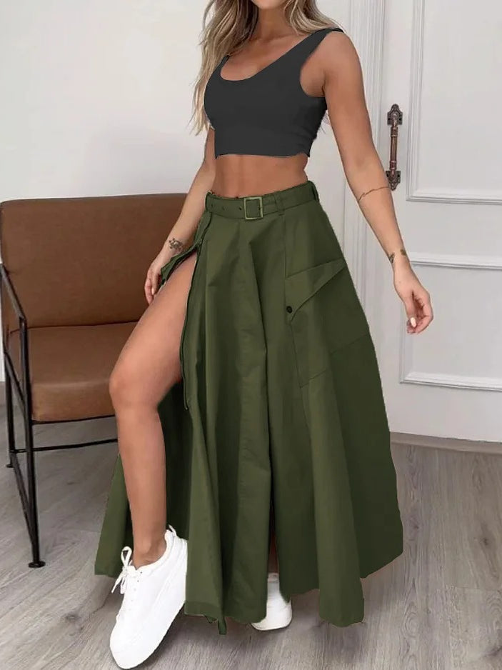 Ladies Set Summer Sleeveless Solid Color Slit Two Piece