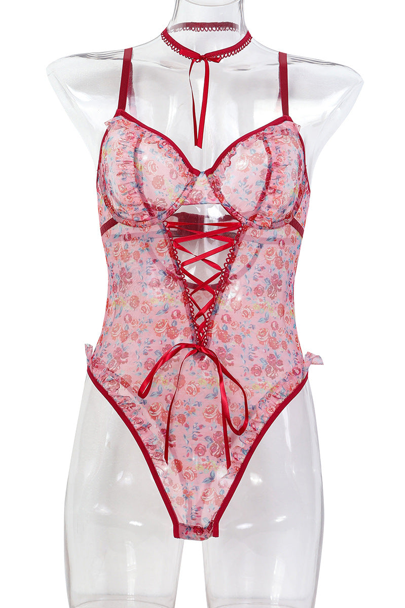 Langry floral lace bodysuit with red accents in fashion ملابس