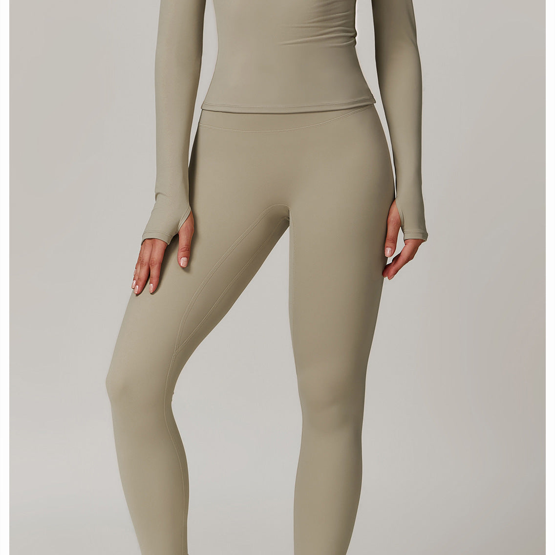 Beige athletic two-piece langry set for outdoor running with sneakers and white socks