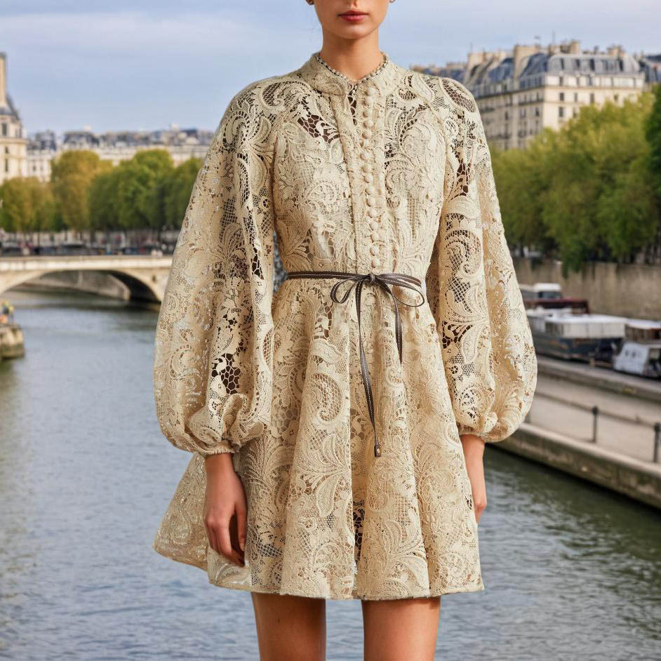 French Vintage Summer Round Neck Refined Handmade Lace Hollow out Cutout out Tied Long Sleeve Solid Color Women Dress
