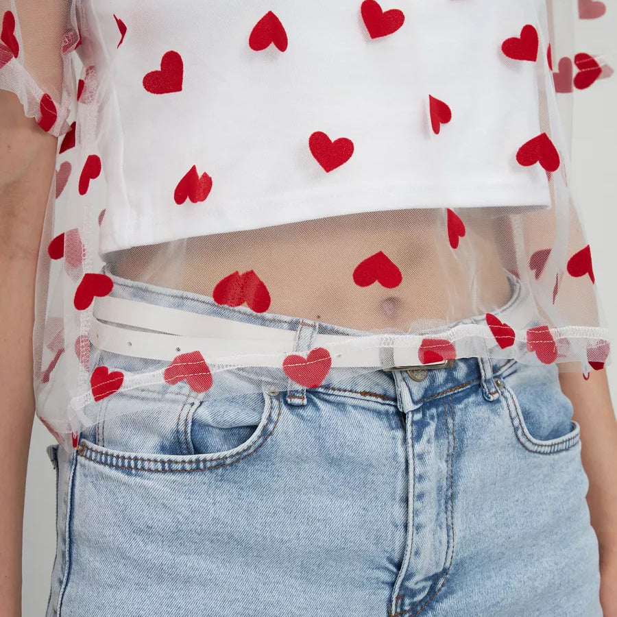 Elegant Faux Two Piece Cotton Short Top featuring a white crop top with red heart pattern
