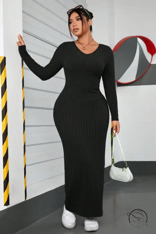 Black ribbed long-sleeve winter minimalist slim fit sheath dress