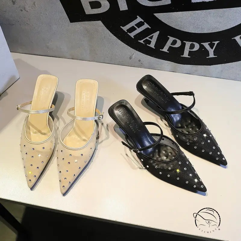 Langry beige black studded high heel mules with clear straps fashion ملابس