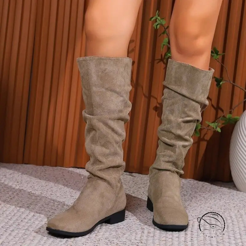 Pile Suede Slip on Knee High Boots