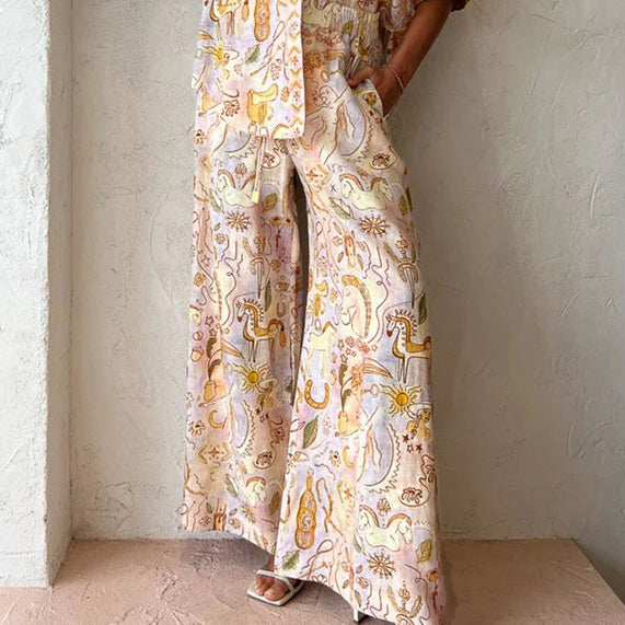 Patterned wide-leg pants from Summer Casual Pocket Half Sleeve Suit enhancing langry fashion and ملابس style