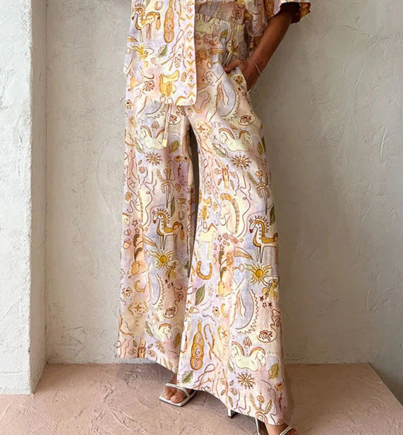 Patterned wide-leg pants from Summer Casual Pocket Half Sleeve Suit enhancing langry fashion and ملابس style