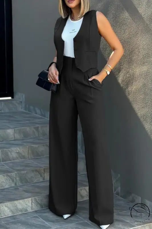 Elegant vest jacket wide leg pants set with black vest suit