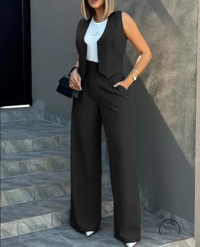 Elegant vest jacket wide leg pants set with black vest suit