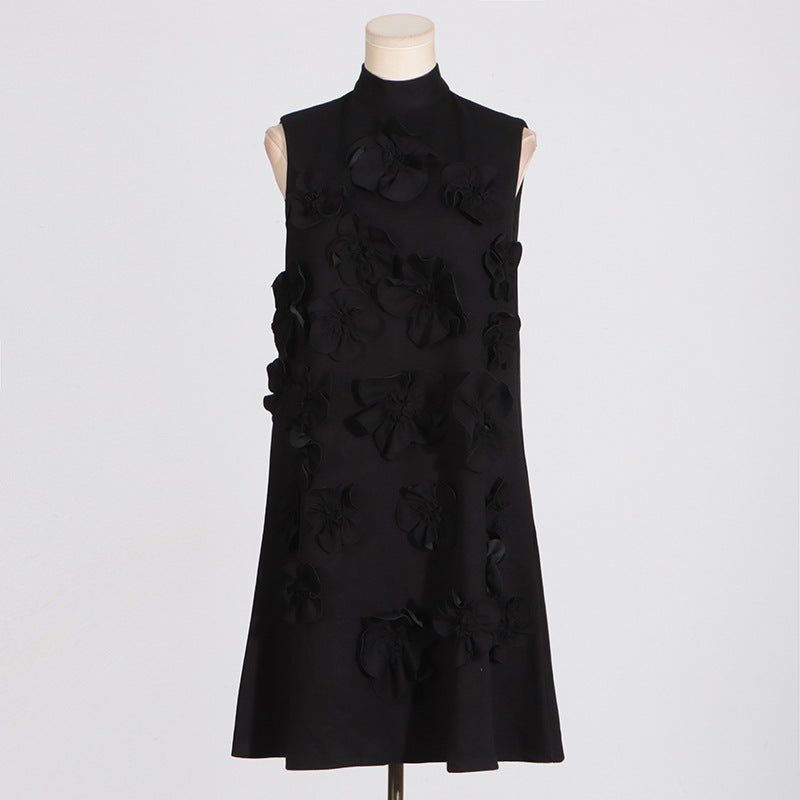 Retro Socialite sleeveless black dress with floral embellishments and elegant tie bow