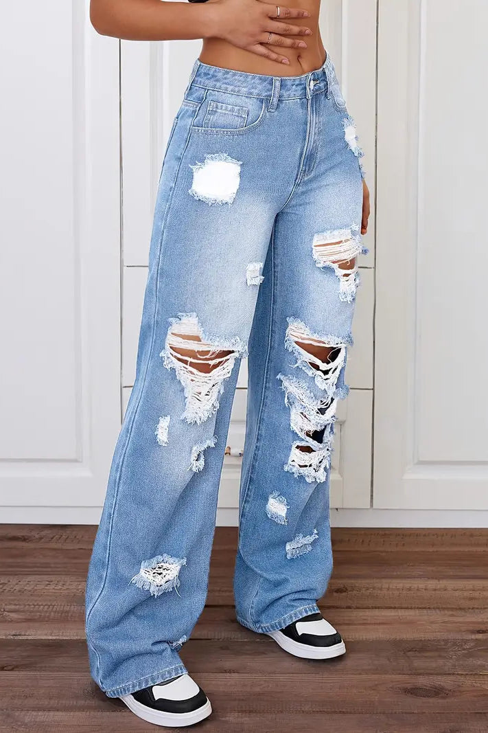 Langry fashion ripped washed high waist loose denim trousers in light blue with distressed holes