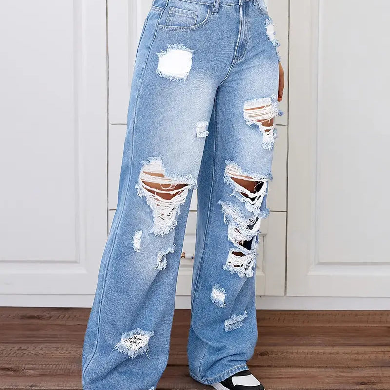 Langry fashion ripped washed high waist loose denim trousers in light blue with distressed holes