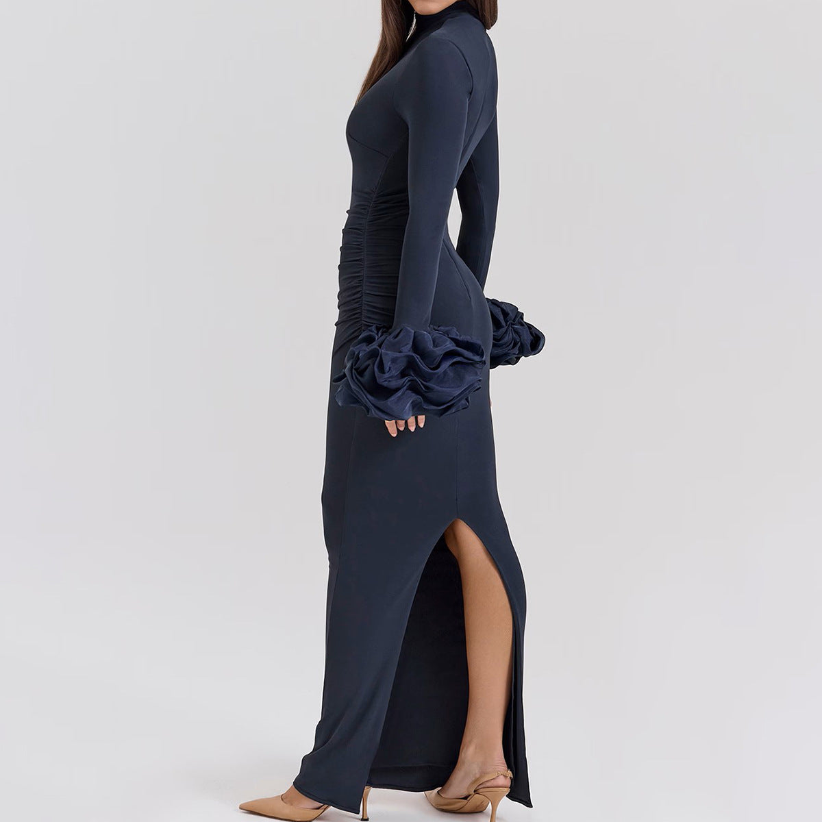 High Grade Split Dress in navy with ruffled sleeves and thigh-high slit for stylish fashion