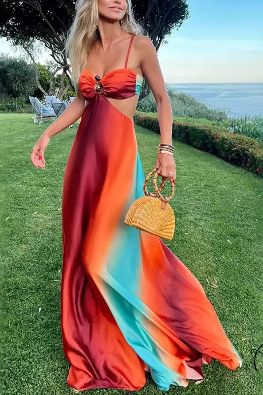 Vibrant rainbow exquisite beach dress with cutout midriff and bow detail