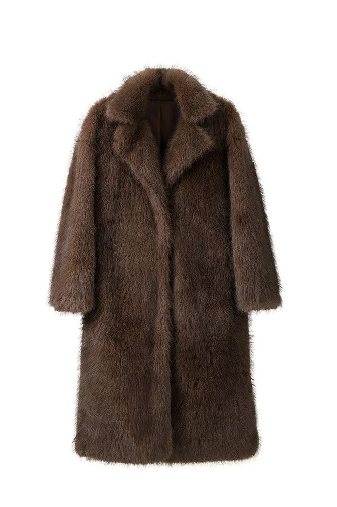 Brown fluffy faux fur jacket with classic collar and long sleeves