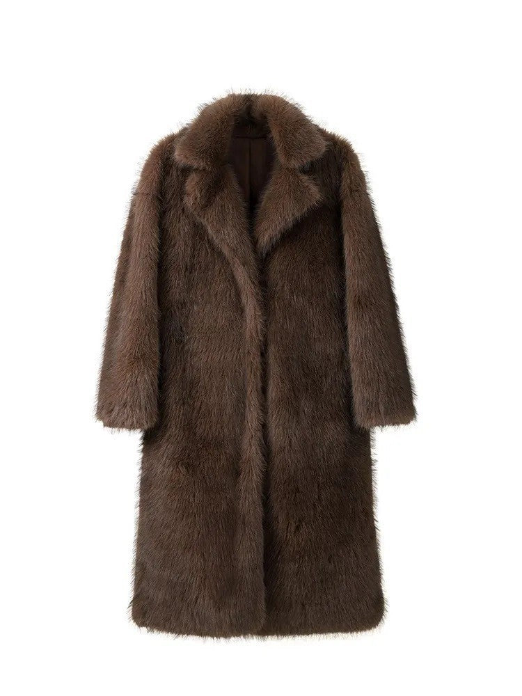 Brown fluffy faux fur jacket with classic collar and long sleeves