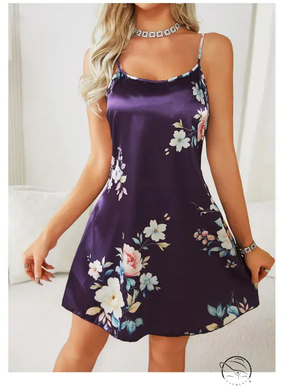 Elegant purple floral ice silk strap night dress for women