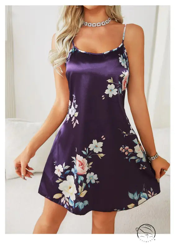 Elegant purple floral ice silk strap night dress for women