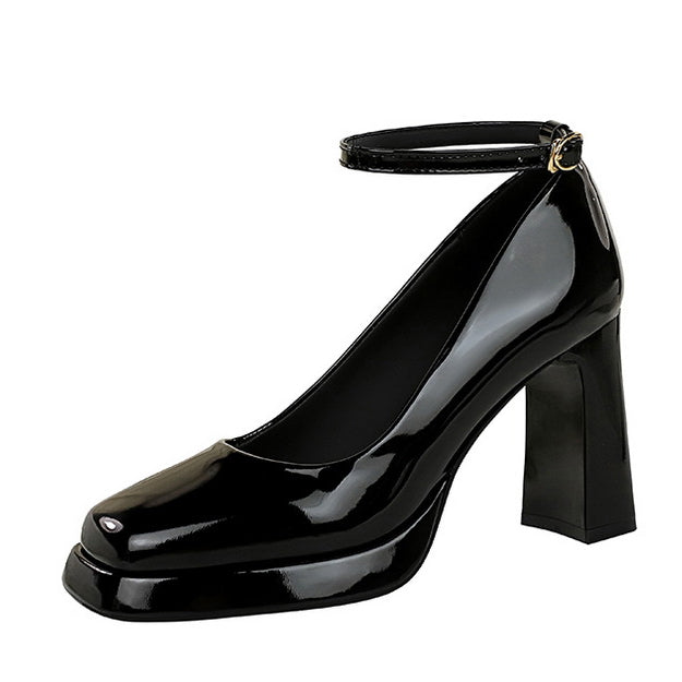 Leather Square Toe Ankle Strap High Heels