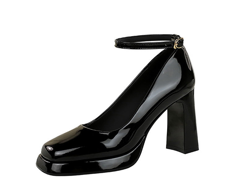 Leather Square Toe Ankle Strap High Heels