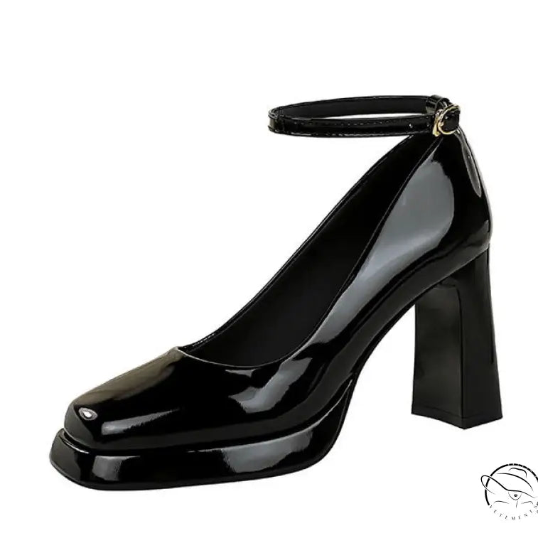 Leather Square Toe Ankle Strap High Heels