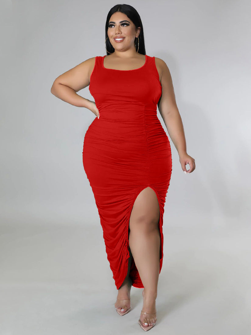 Red sleeveless ruched summer split dress showcasing elegant fashion and stylish design