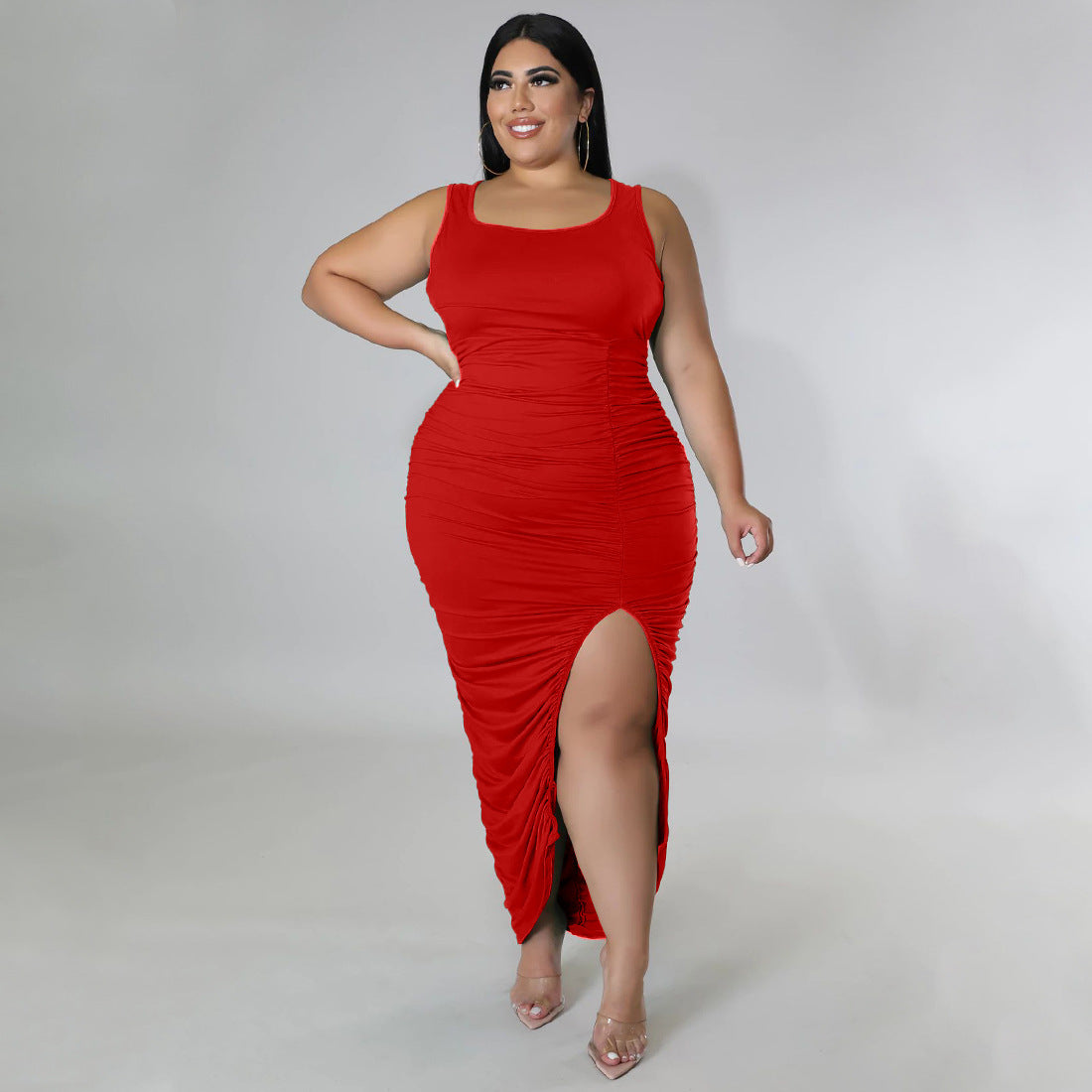 Red sleeveless ruched summer split dress showcasing elegant fashion and stylish design