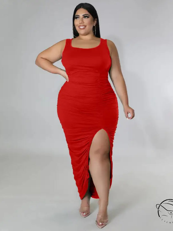 Red sleeveless ruched summer slim fit fold split dress