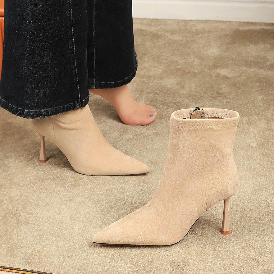 Elegant beige suede langry fashion ankle boots with pointed toe and slim high heel