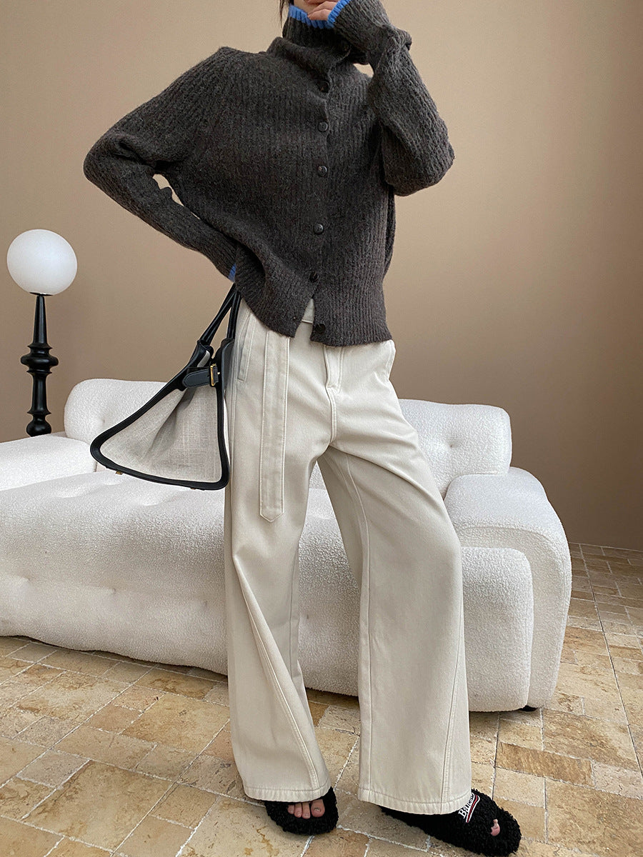 Stylish Street Design Wide Leg Jeans paired with a dark knit sweater for chic fashion ملابس