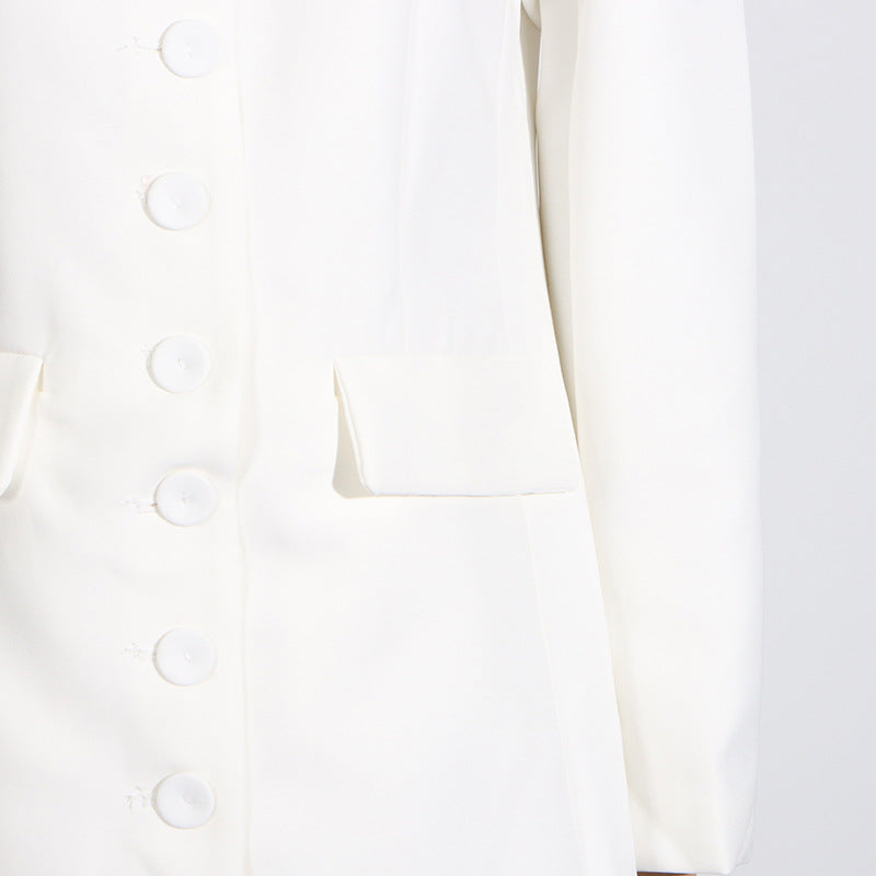 White buttoned blazer featured in the Summer off Shoulder Floral Pocket Dress, a langry fashion staple