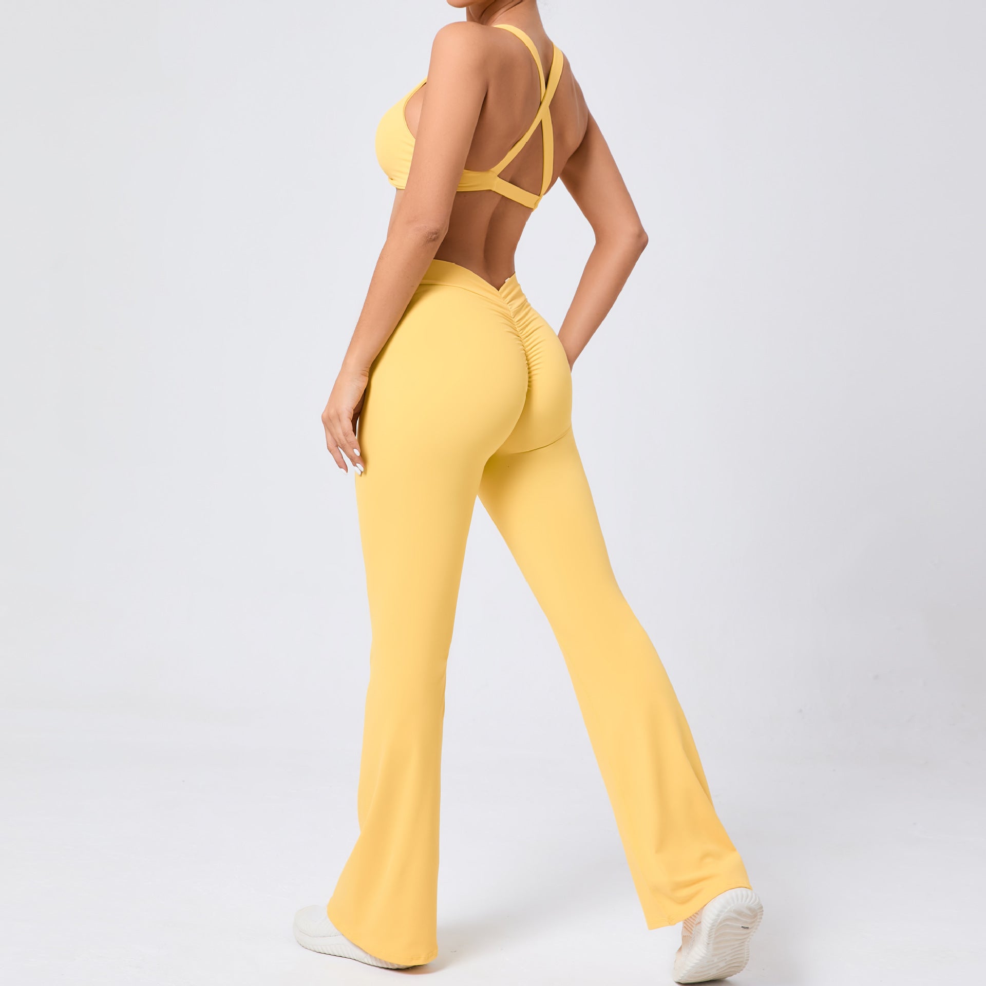 Peach tight brushed yoga hip raise bell-bottom pants with ribbed hem