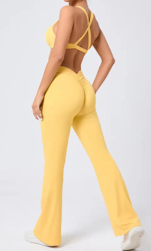 Peach tight brushed yoga hip raise set with yellow bell-bottom pants
