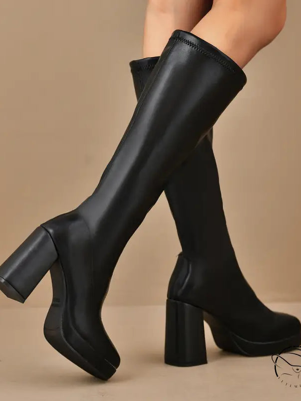 Leather Slimming Chunky Heel Below the Knee Knight Boots