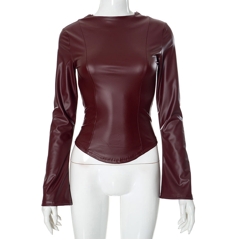 Maroon faux leather long-sleeve top from Elegant Leather Stitching Tight Top for fashion and ملابس