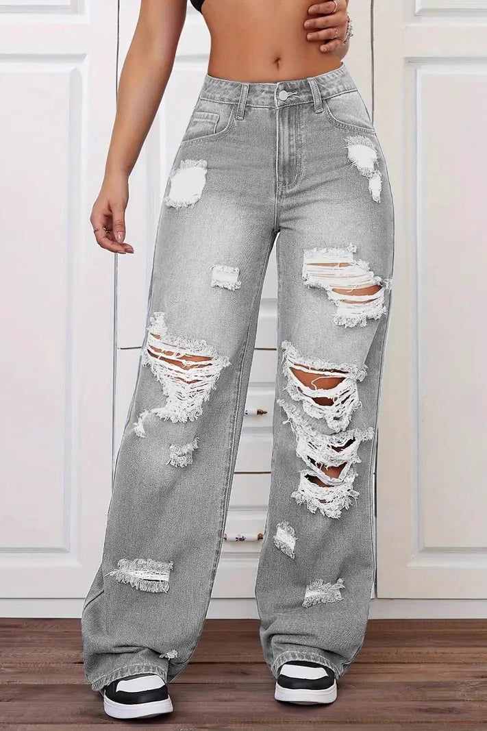 Light gray distressed high-waisted Langry fashion jeans with white soles