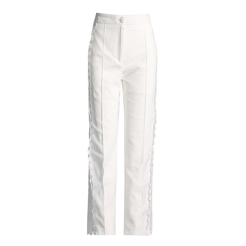 Elegant white tailored trousers with lace trim from the French Artistic Palace Embroidery Jumpsuit showcasing sophisticated fashion and ملابس style