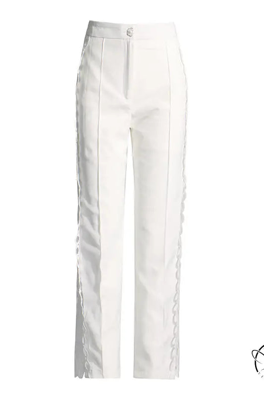 White tailored trousers with lace trim in French artistic palace embroidery jumpsuit