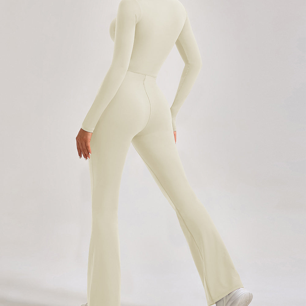 Cream-colored long-sleeve jumpsuit with flared legs, perfect for casual fashion ملابس