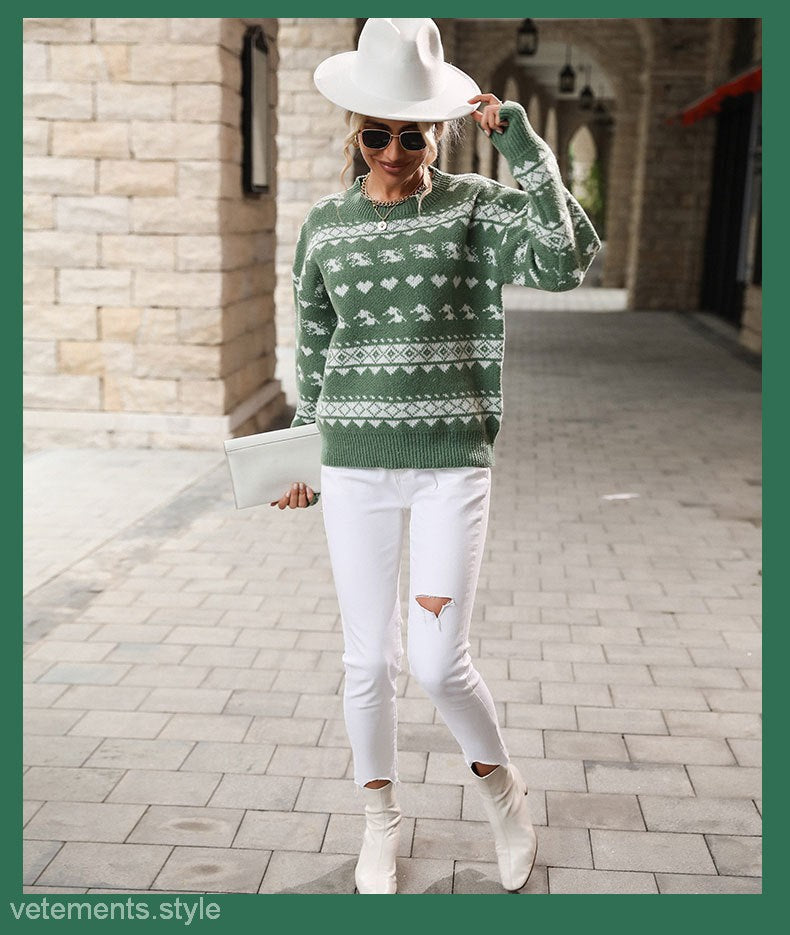 TRENDY ROUND NECK RED KNITTED CHRISTMAS SNOWFLAKE SWEATER-VETEMENTS