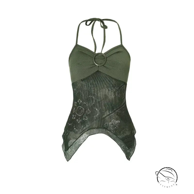 Slim fit halterneck vest in olive green langry fashion with ribbed fabric and lace overlay