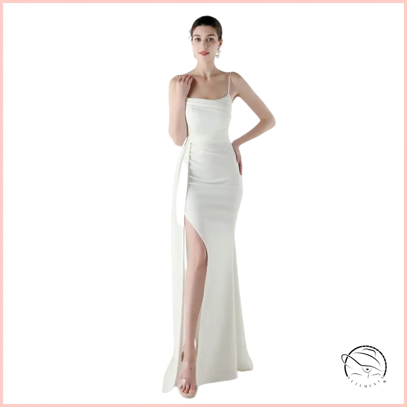 Elegant white satin langry fashion evening dress with high slit
