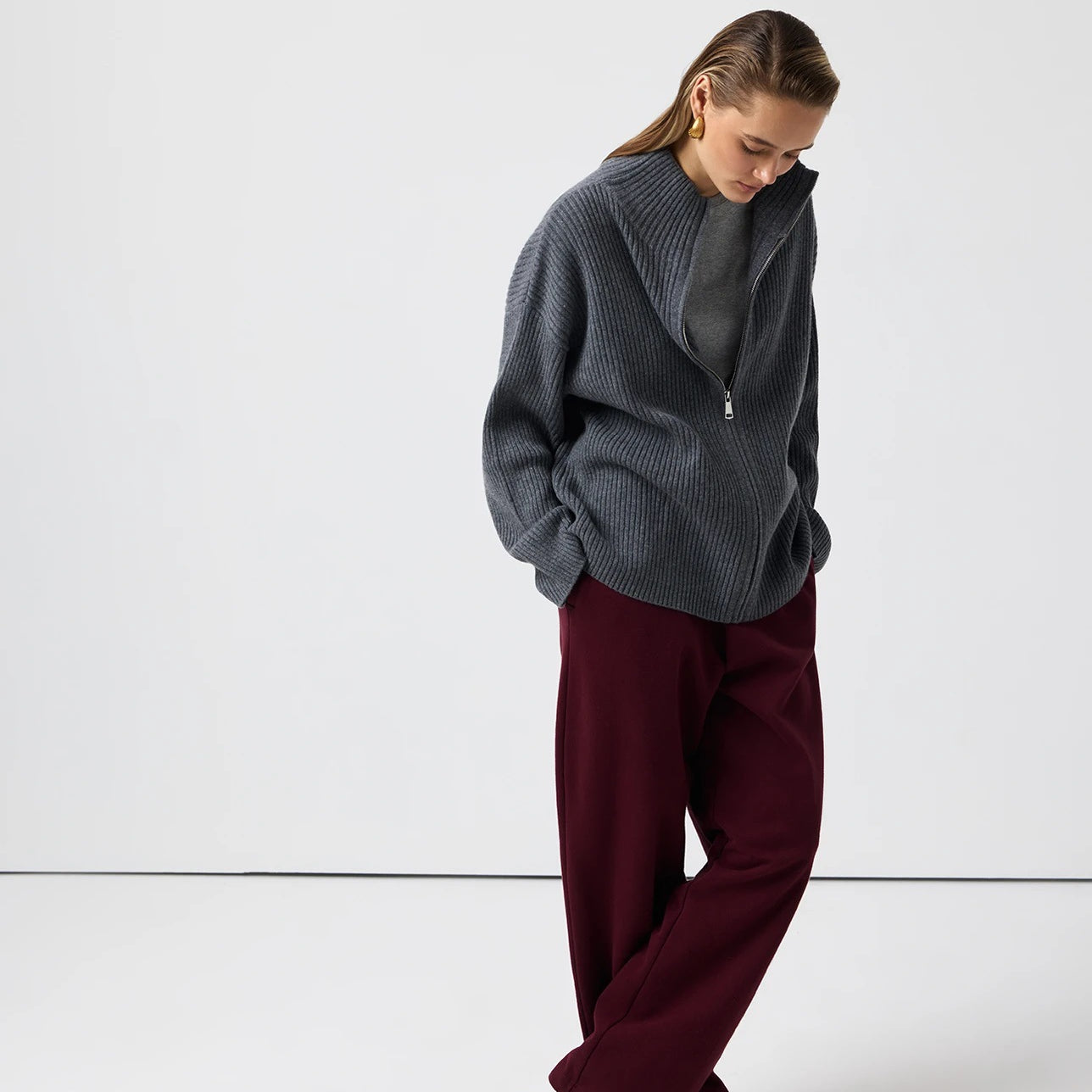 Charcoal gray cozy half high collar wool cardigan sweater with regular sleeve, langry fashion