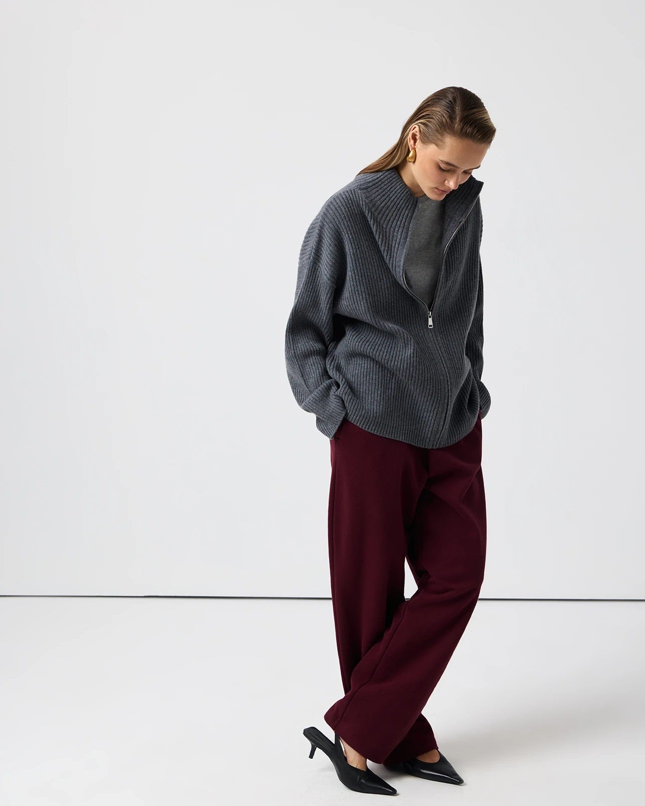 Charcoal gray cozy half high collar wool cardigan sweater with regular sleeve, langry fashion