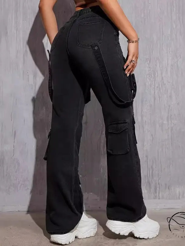 Black denim high elastic hip hop cargo pants with straps, pockets, and white sneakers