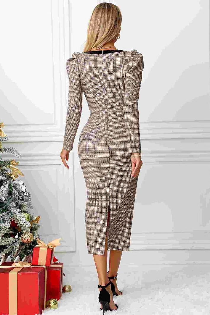 French high grade tight hip belt plaid dress with brown tweed puff sleeves and slit