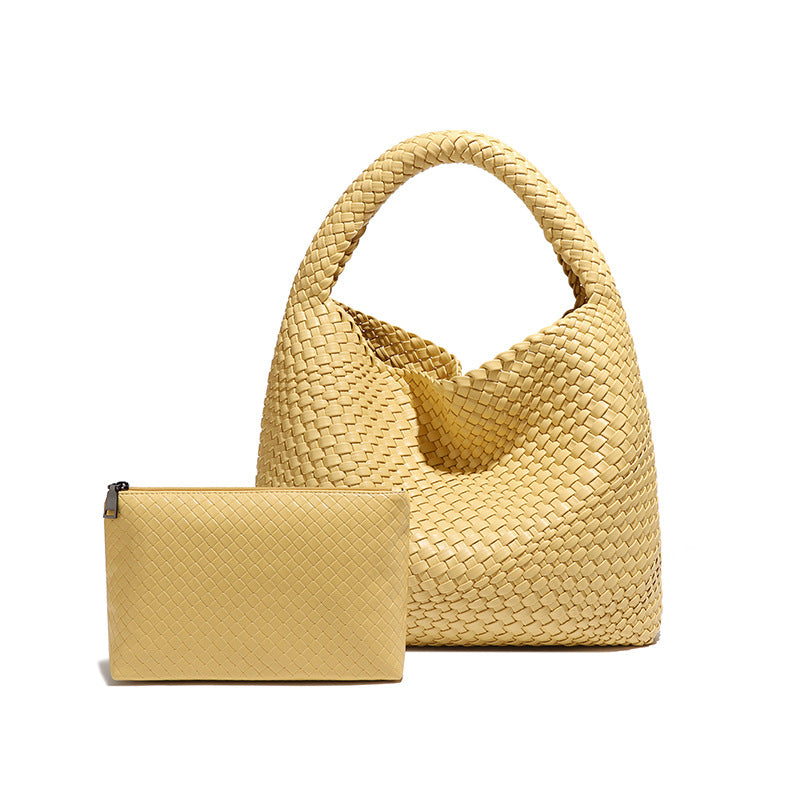 Woven yellow handbag with matching pouch, stylish addition to your ملابس collection
