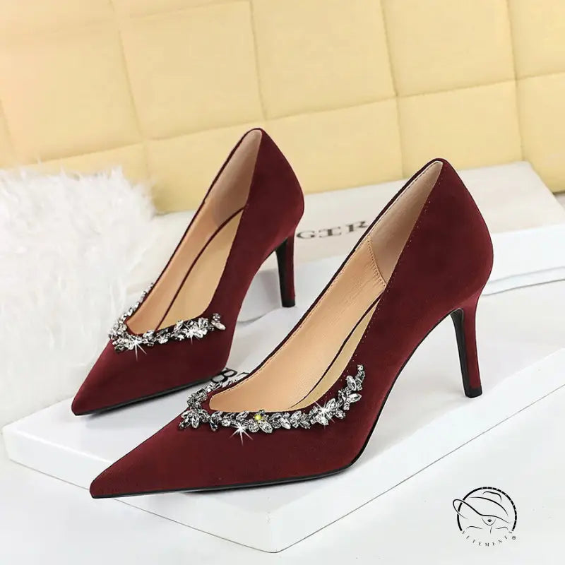 Burgundy suede langry fashion Rhinestone Cocktail Stiletto Heel pumps