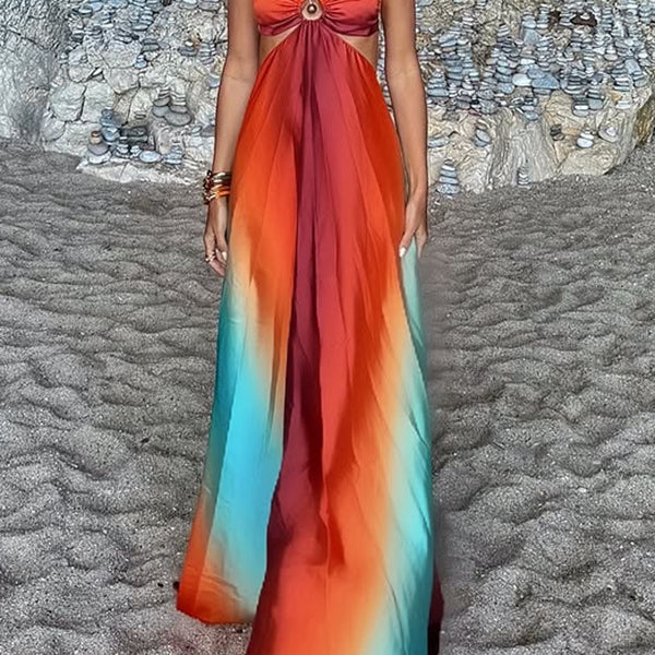 Exquisite Beach Dress featuring a flowing maxi design with ombré orange to turquoise gradient